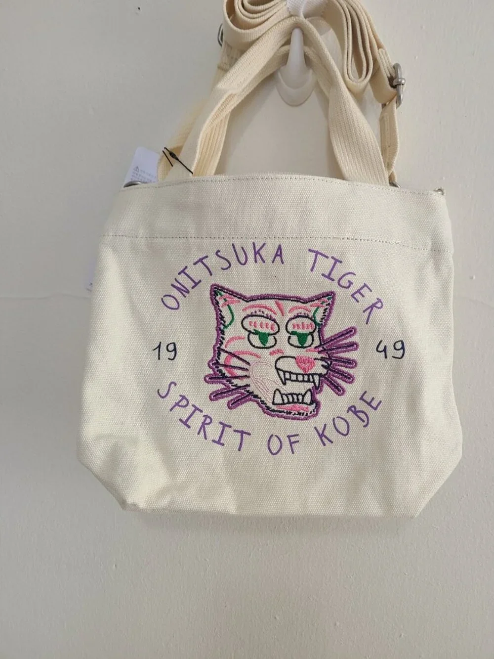 NWT Onitsuka Tiger Off White Canvas Crossbody Small Zip Top Tote Bag